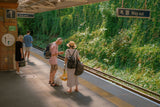 A framed and matted print featuring a train station platform with two people standing on the platform, surrounded by greenery and train tracks.